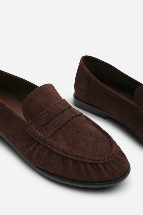 Wheres That From Womens Charleigh Ruched Detail Flat Penny Loafers in Brown Suede - Image 5
