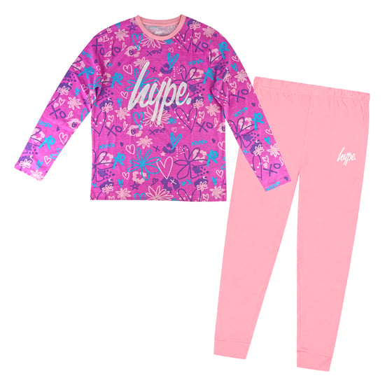 Girls 100% Cotton Scribble Pink Pyjama Set Long Sleeve Nightwear - Image 1