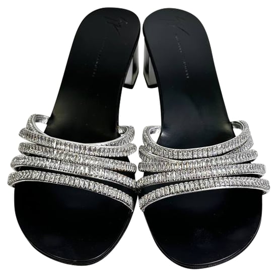 Giuseppe Zanotti Rhinestone-Embellished Slide Sandal Heels in Silver Leather - Image 5