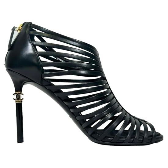 Chanel CC Caged Sandal Heels in Black Leather - Image 1