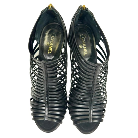 Chanel CC Caged Sandal Heels in Black Leather - Image 5