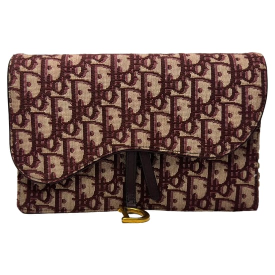 Dior Saddle Oblique plånbok med kedja i vinröd kanvas - Image 1