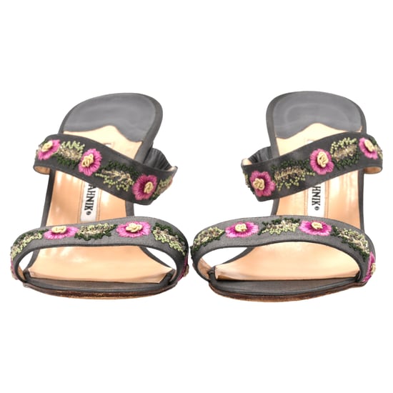 Manolo Blahnik Embroidered Heeled Mules in Black Satin - Image 4