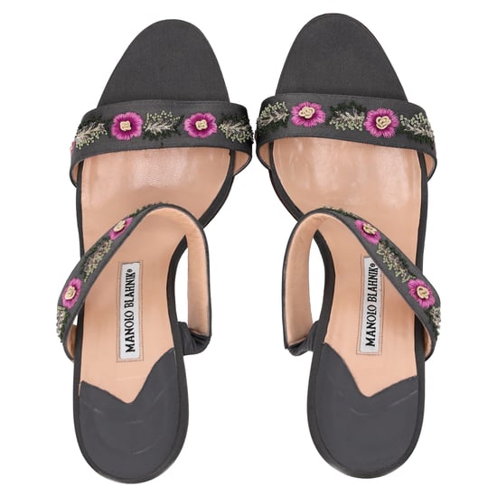Manolo Blahnik Embroidered Heeled Mules in Black Satin - Image 5