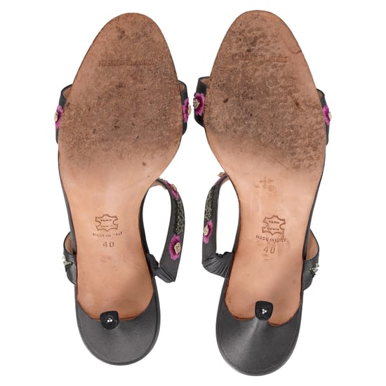 Manolo Blahnik Embroidered Heeled Mules in Black Satin - Image 6