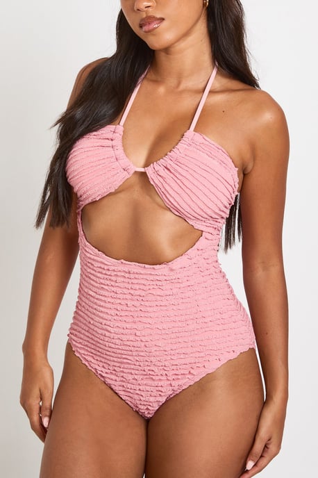 Textured Cut Out Halter Neck Swimsuit - Image 2