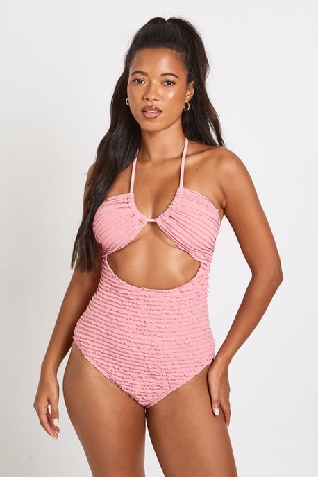 Textured Cut Out Halter Neck Swimsuit - Image 4