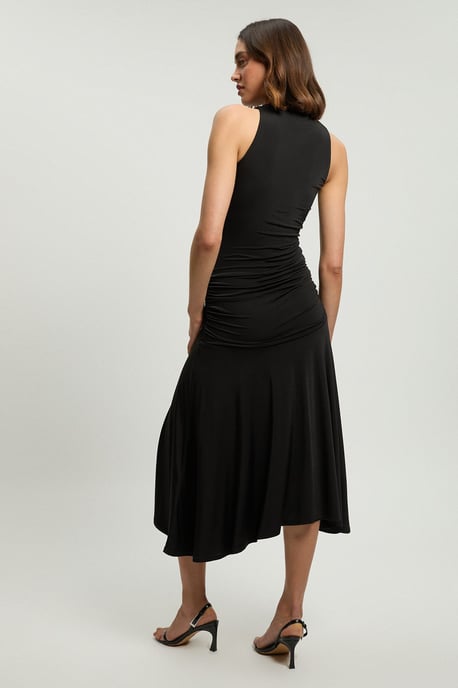 Stretch Drapey Crepe Ruched Hanky Hem Midi Dress - Image 3