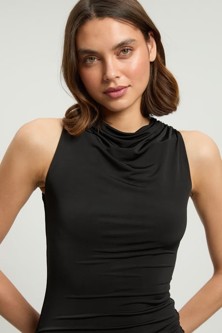 Stretch Drapey Crepe Ruched Hanky Hem Midi Dress - Image 4