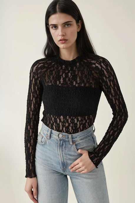 Spets Guipure Slim Fit Crew Neck Blus - Image 3