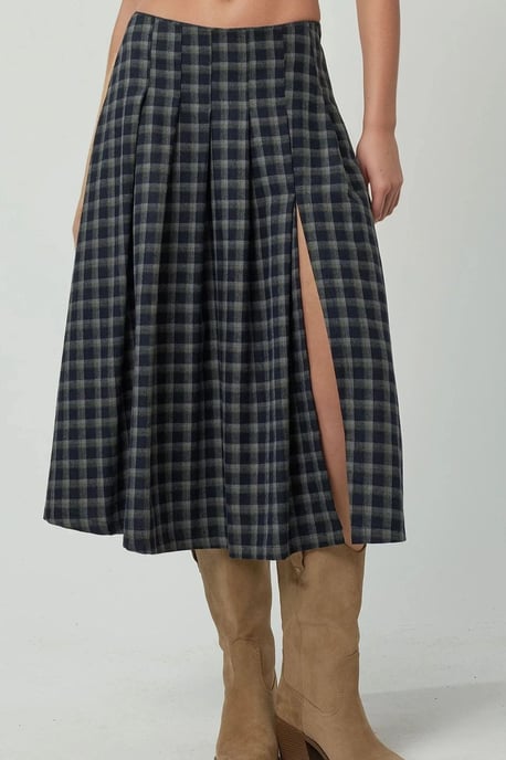 Hoge Taille Midi Rok met Slits in Ruitpatroon - Image 1