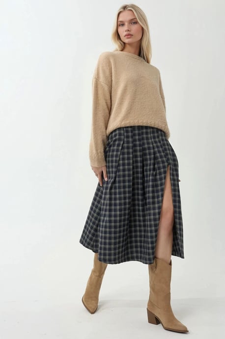 Hoge Taille Midi Rok met Slits in Ruitpatroon - Image 2