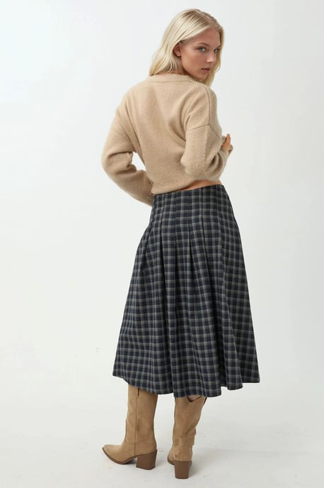 Hoge Taille Midi Rok met Slits in Ruitpatroon - Image 3
