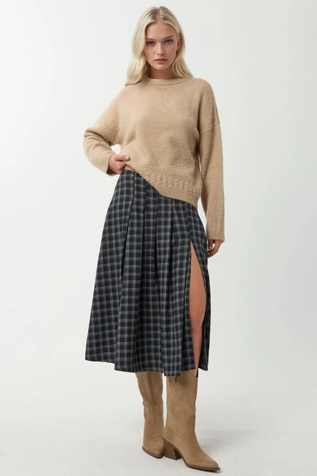 Hoge Taille Midi Rok met Slits in Ruitpatroon - Image 6