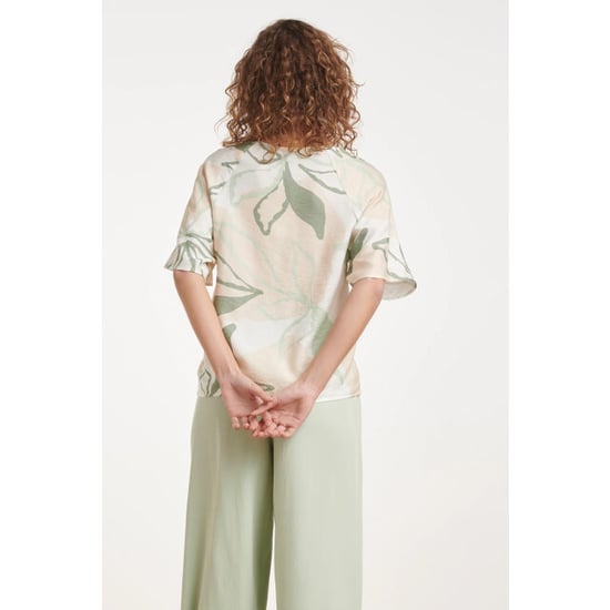 Smashed Lemon Losse top met groene en beige bladprint en v-hals | - Image 3