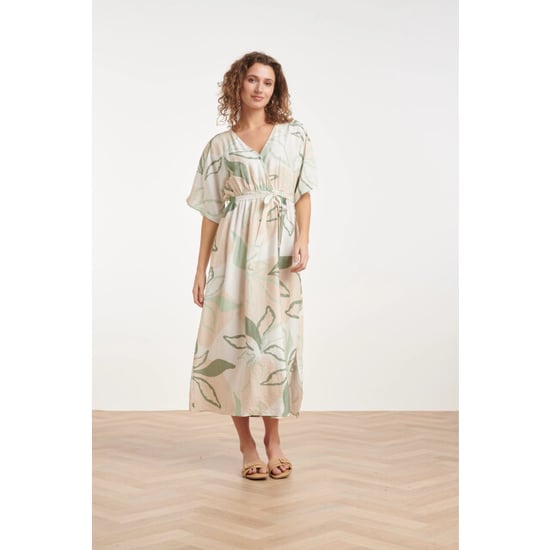 Smashed Lemon Midi jurk met groene en beige bladprint en ceintuur | - Image 1
