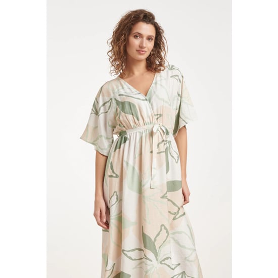 Smashed Lemon Midi jurk met groene en beige bladprint en ceintuur | - Image 3