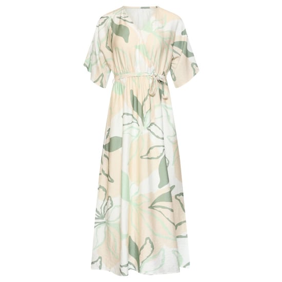 Smashed Lemon Midi jurk met groene en beige bladprint en ceintuur | - Image 6