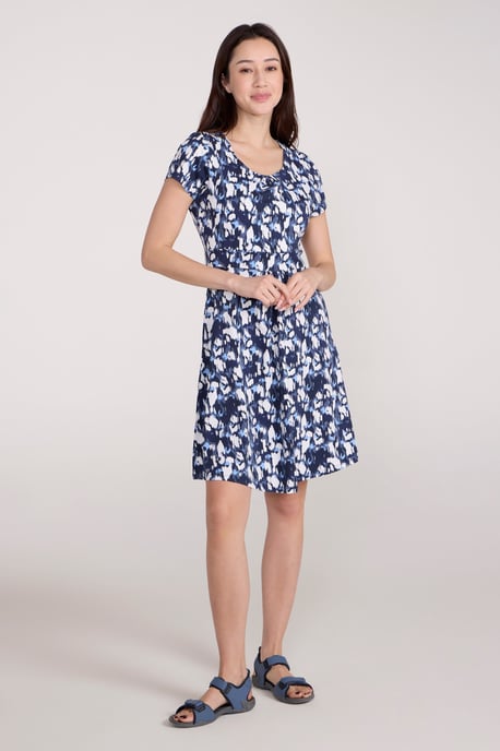 Orchid Patterned Women's UV Summer Dress with Side Pockets Holiday Beach Dress Indigo Blue - Image 2