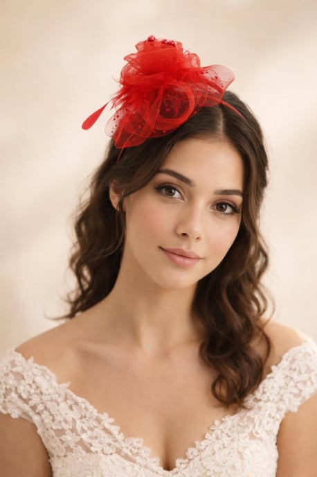Rosette Faux Pearl & Polka Veil Feather Fascinator in Red - Image 1