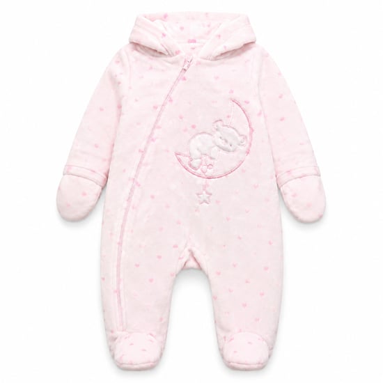 Pink Velour Baby Snowsuit Warm Hooded Infant Winter Suit 0-3M - Image 1