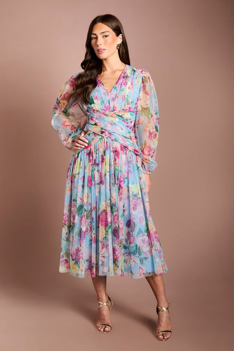 Printed Floral Mesh Midi Dress - Image 1
