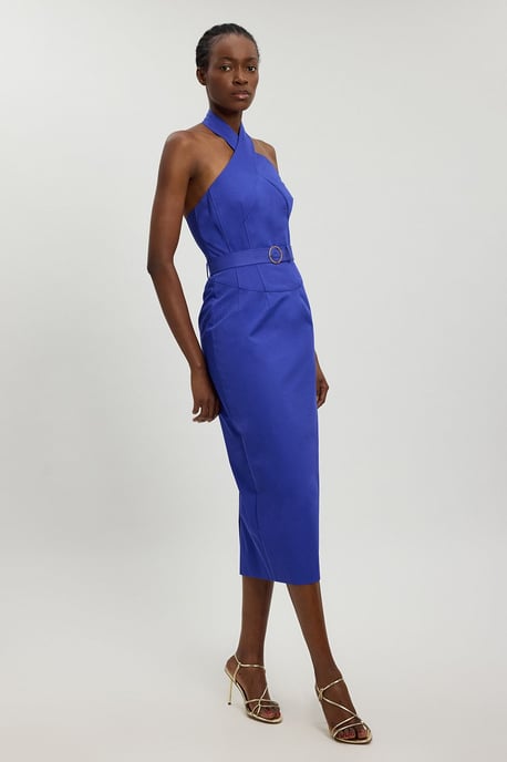 Tailored Cotton Sateen Pencil Belted Midi Dress - Image 1