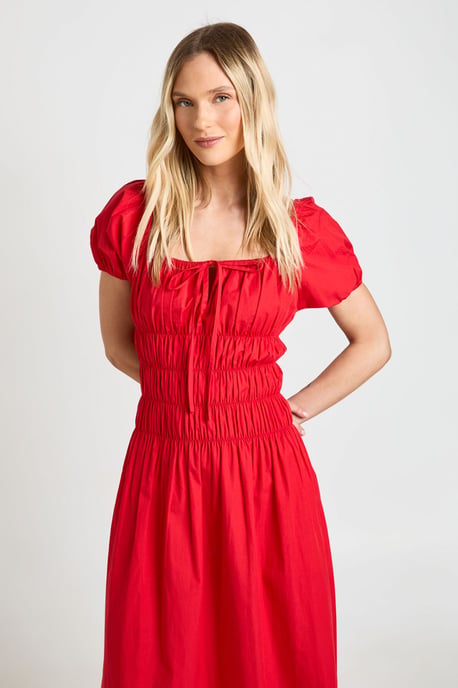 Petite Cotton Poplin Shirred Bodice Puff Sleeve Maxi Dress - Image 3