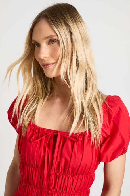 Petite Cotton Poplin Shirred Bodice Puff Sleeve Maxi Dress - Image 4