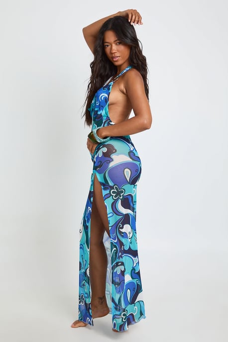 Abstract Print Sheer Mesh Plunge Maxi Beach Dress - Image 3