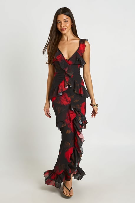 Floral Chiffon Layered Ruffle Detail Maxi Dress - Image 1
