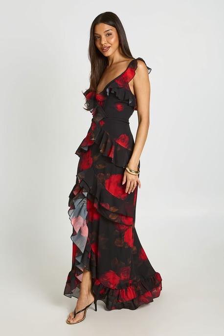 Floral Chiffon Layered Ruffle Detail Maxi Dress - Image 3
