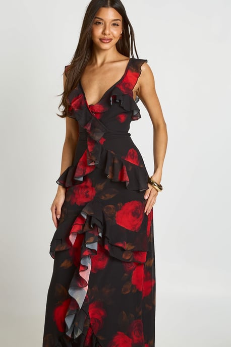 Floral Chiffon Layered Ruffle Detail Maxi Dress - Image 4