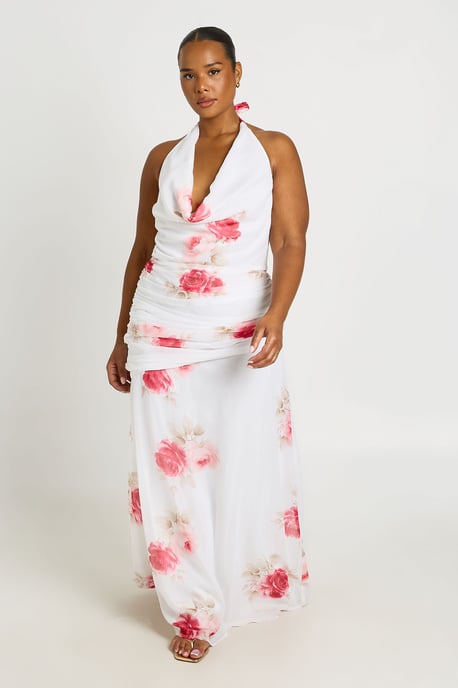 Plus Halterneck Ruched Detail Chiffon Maxi Dress - Image 1
