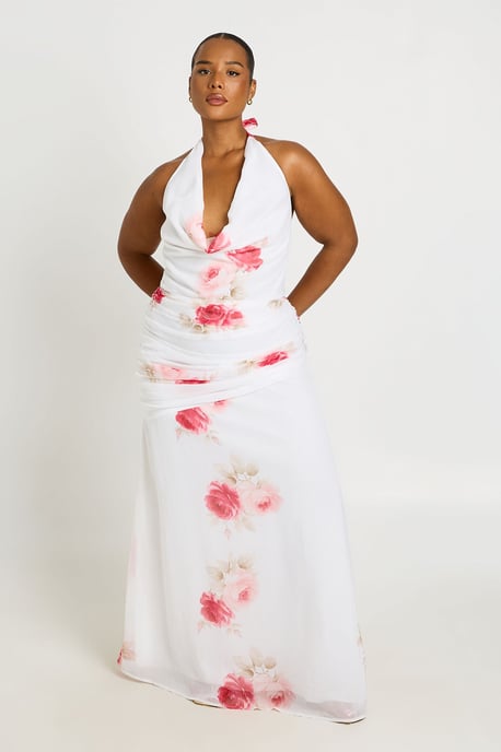 Plus Halterneck Ruched Detail Chiffon Maxi Dress - Image 3