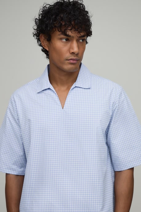 Oversized Boxy Poplin Check V-Neck Polo - Image 3