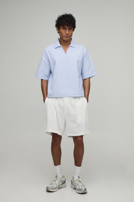 Oversized Boxy Poplin Check V-Neck Polo - Image 4