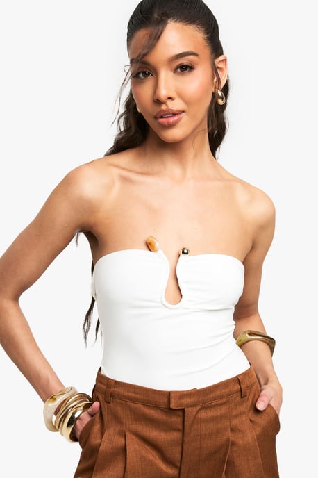 Double Layered Slinky Trim Detail Bandeau Bodysuit - Image 3