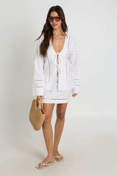 Linen Ladder Insert Tie Front Shirt and Mini Skirt Co-ord - Image 1