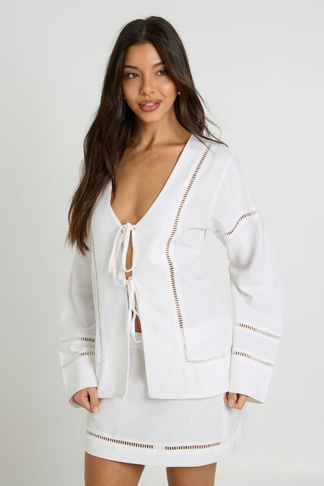 Linen Ladder Insert Tie Front Shirt and Mini Skirt Co-ord - Image 3
