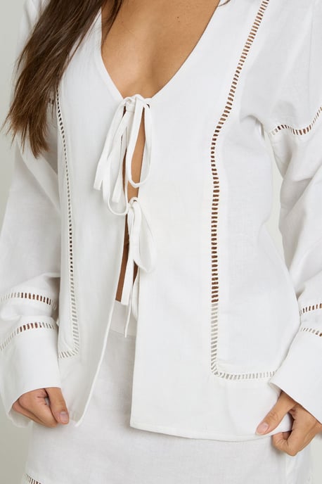 Linen Ladder Insert Tie Front Shirt and Mini Skirt Co-ord - Image 4