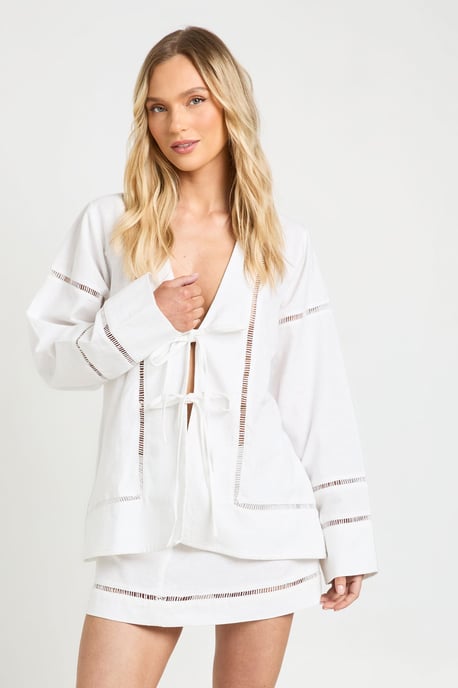 Petite Linen Ladder Insert Tie Front Shirt and Mini Skirt Co-ord - Image 1