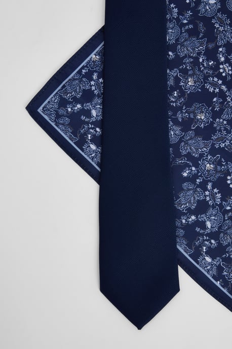 Navy Plain Tie and Floral Pocket Square - Image 1