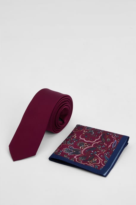 Burgundy Plain Tie and Paisley Pocket Square - Image 1