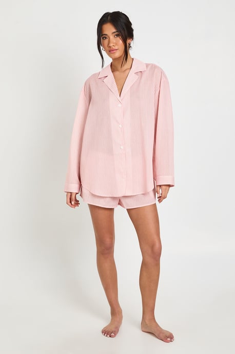 Cotton Pinstripe Oversized Long Sleeve Shirt & Short Pyjama Set - Image 3
