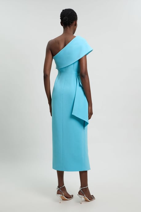 Compact Stretch Ruffle Detail Asymmetric Pencil Dress - Image 3