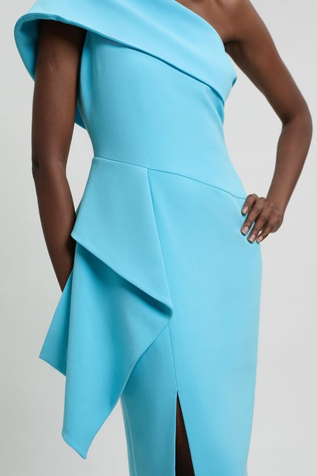 Compact Stretch Ruffle Detail Asymmetric Pencil Dress - Image 4
