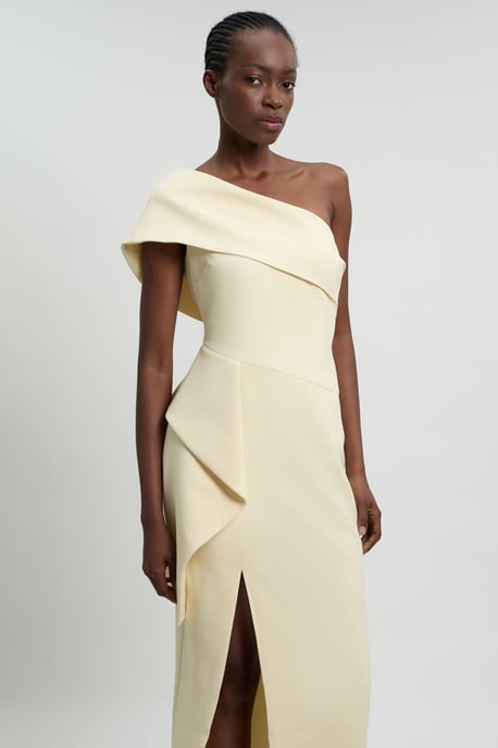 Compact Stretch Ruffle Detail Asymmetric Pencil Dress - Image 2