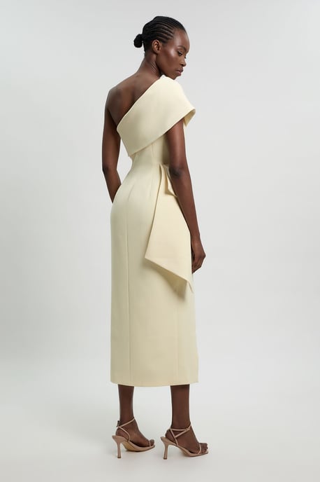 Compact Stretch Ruffle Detail Asymmetric Pencil Dress - Image 3