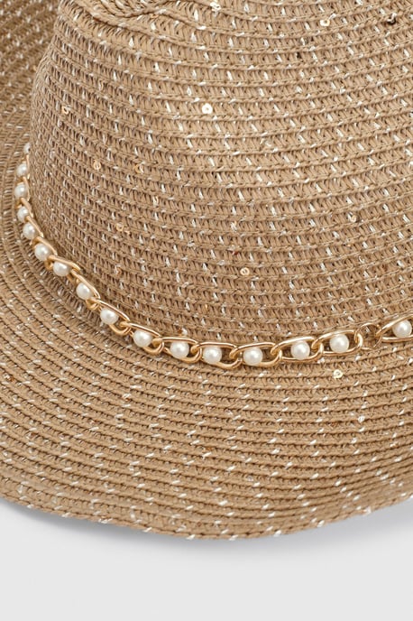 Pearl Trim Sequin Embellished Straw Cowboy Hat - Image 3
